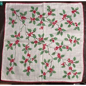 Vintage Handkerchief Hanky Christmas Red Green Flowers and finished border